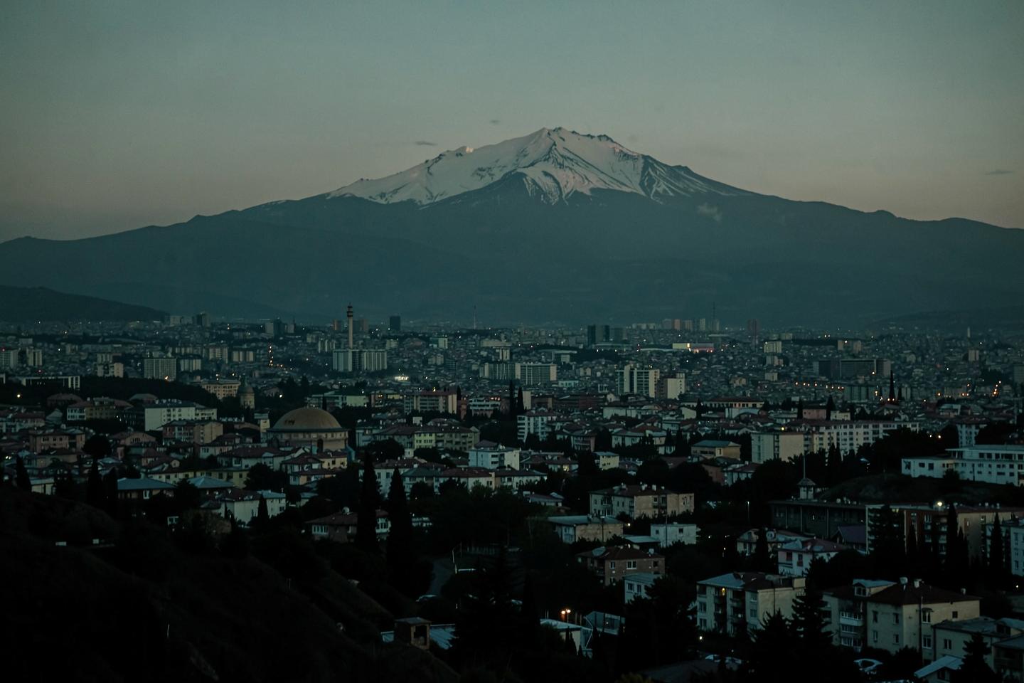 Yerevan, Armenia at dusk with Mount Ararat on the horizon